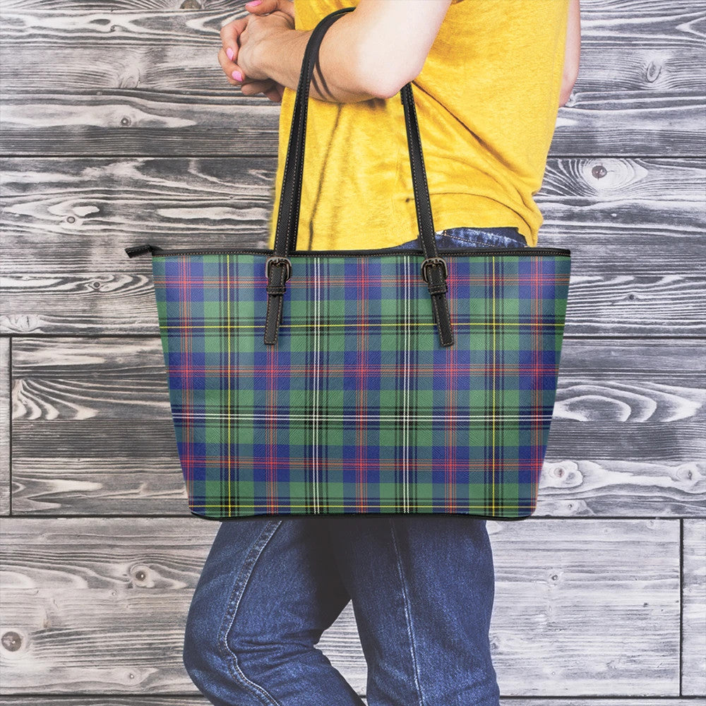 Wood Modern Tartan Plaid Leather Tote Bag