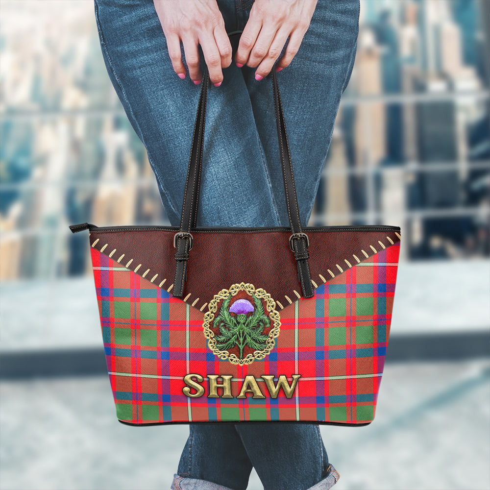 Shaw Red Modern Tartan Leather Tote Bag Thistle Noble Style