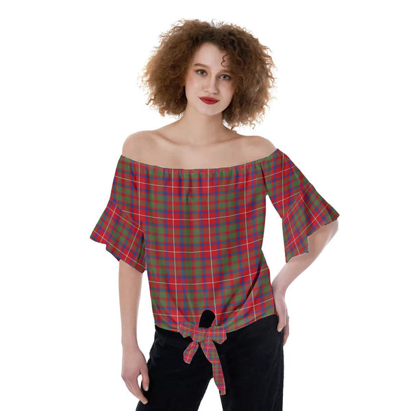 Shaw Red Modern Tartan Plaid Off-Shoulder Blouse