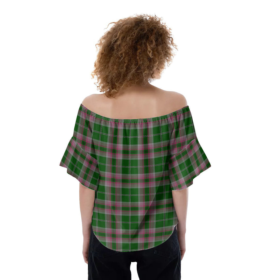 Gray Hunting Tartan Plaid Off-Shoulder Blouse