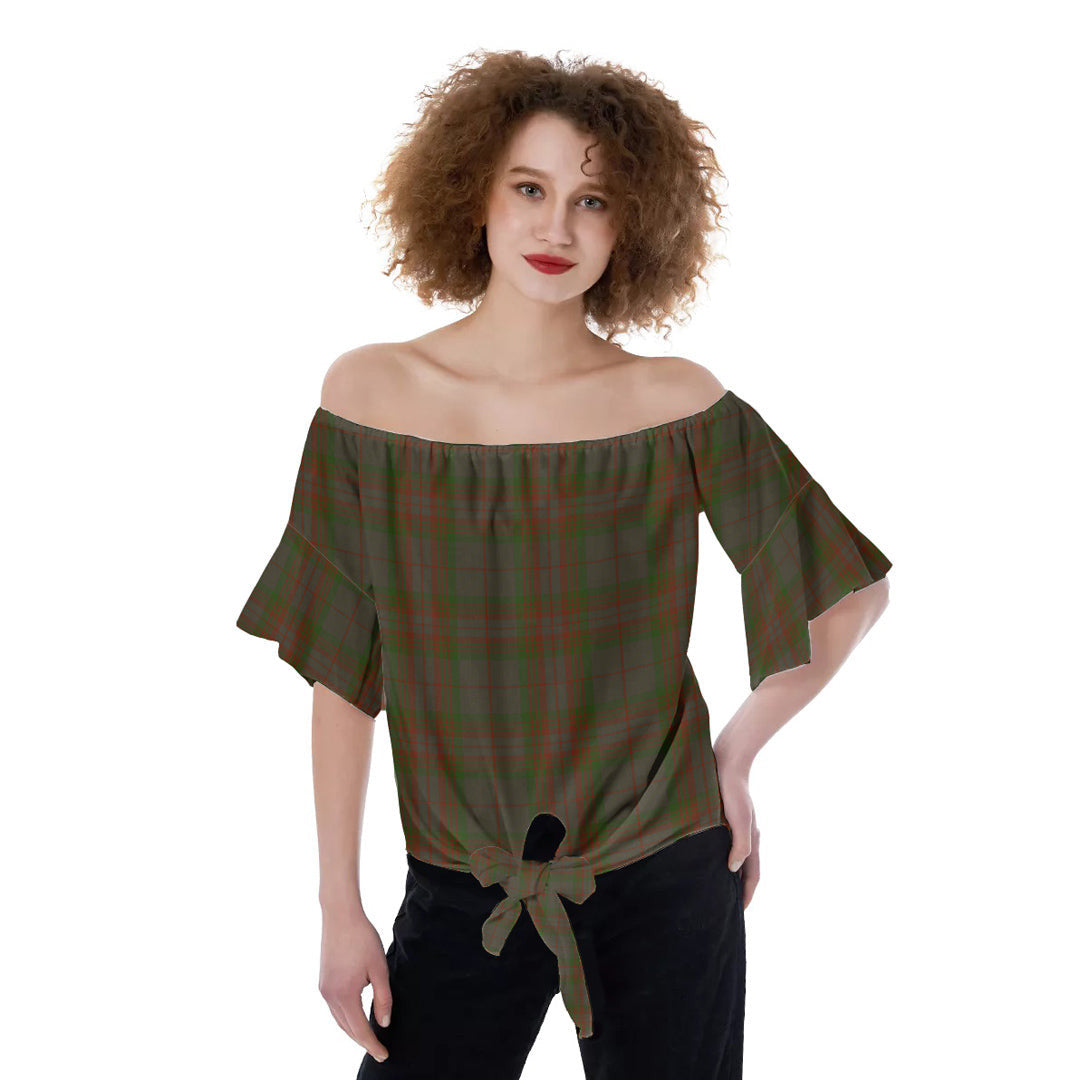 Gray Tartan Plaid Off-Shoulder Blouse