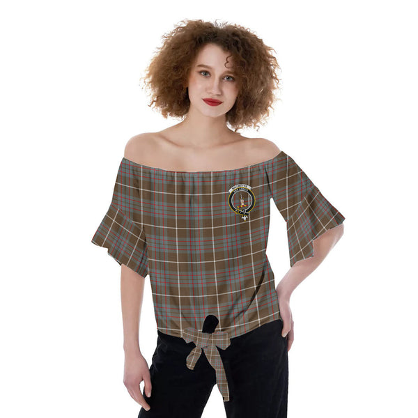 MacIntyre Hunting Weathered Tartan Crest Off-Shoulder Blouse