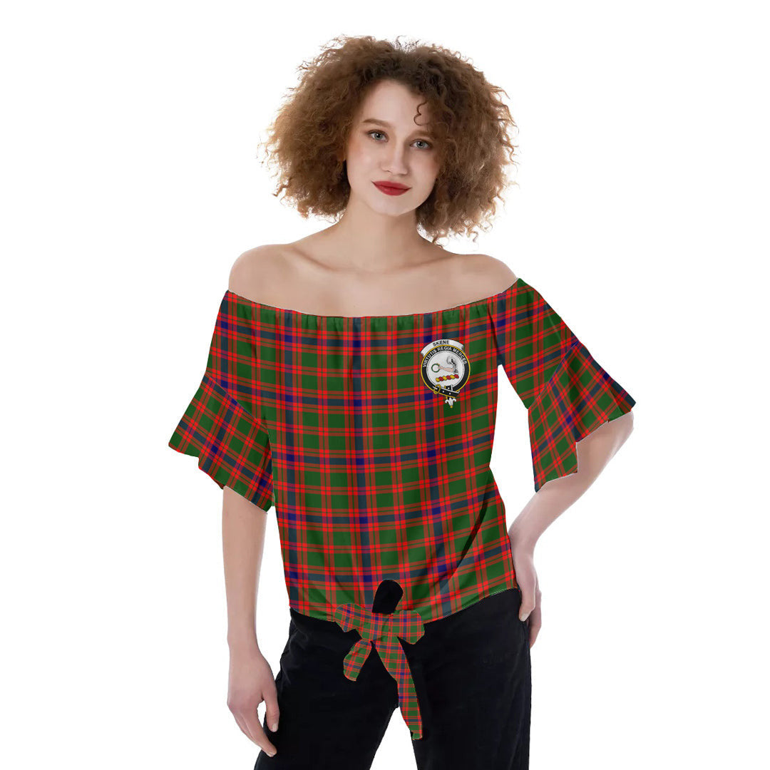 Skene Modern Tartan Crest Off-Shoulder Blouse