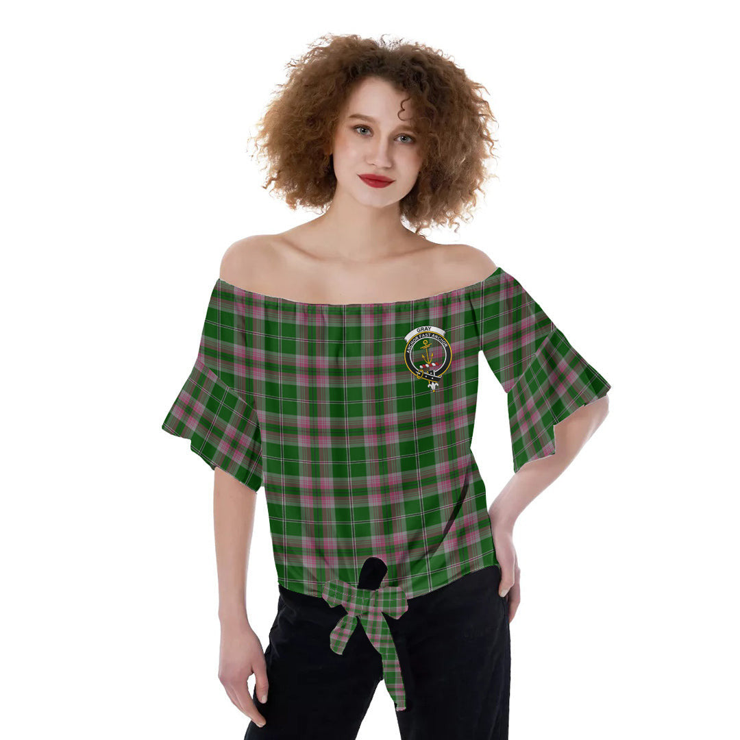 Gray Hunting Tartan Crest Off-Shoulder Blouse