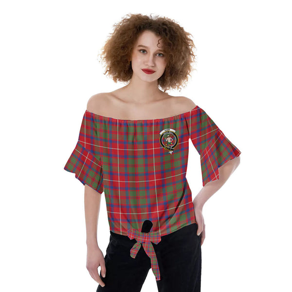 Shaw Red Modern Tartan Crest Off-Shoulder Blouse