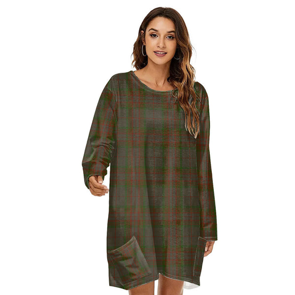 Gray Tartan Plaid Loose Crew Neck Dress