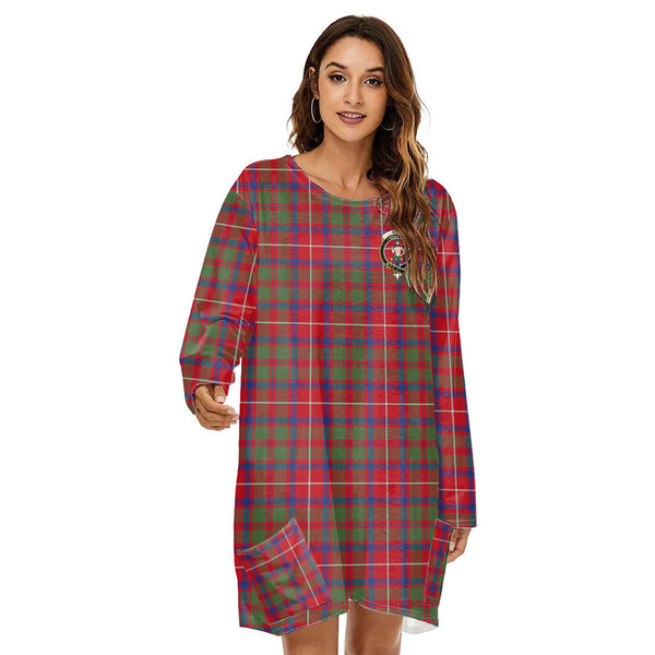 Shaw Red Modern Tartan Crest Loose Crew Neck Dress