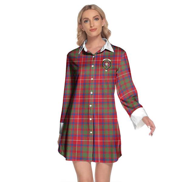 Shaw Red Modern Tartan Crest Lapel Shirt Dress Long Sleeve