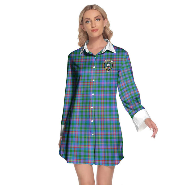 Pitcairn Hunting Tartan Crest Lapel Shirt Dress Long Sleeve