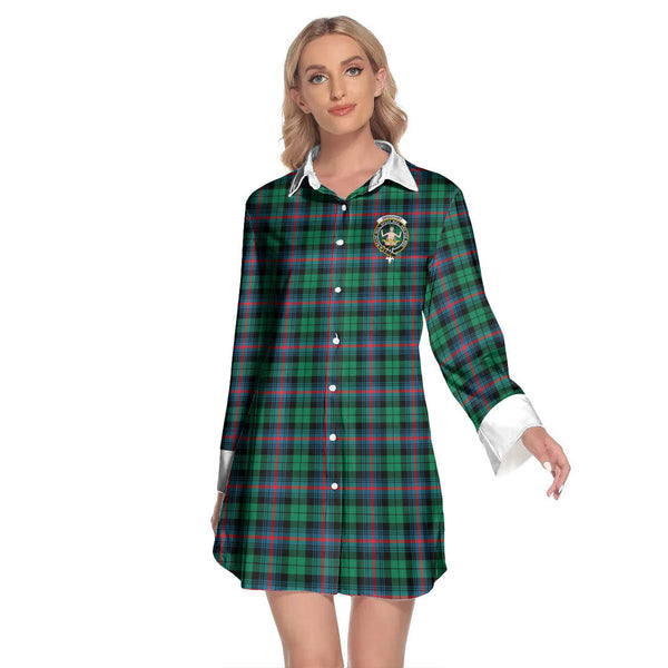 Urquhart Broad Red Ancient Tartan Crest Lapel Shirt Dress Long Sleeve