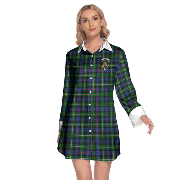 MacKenzie Modern Tartan Crest Lapel Shirt Dress Long Sleeve