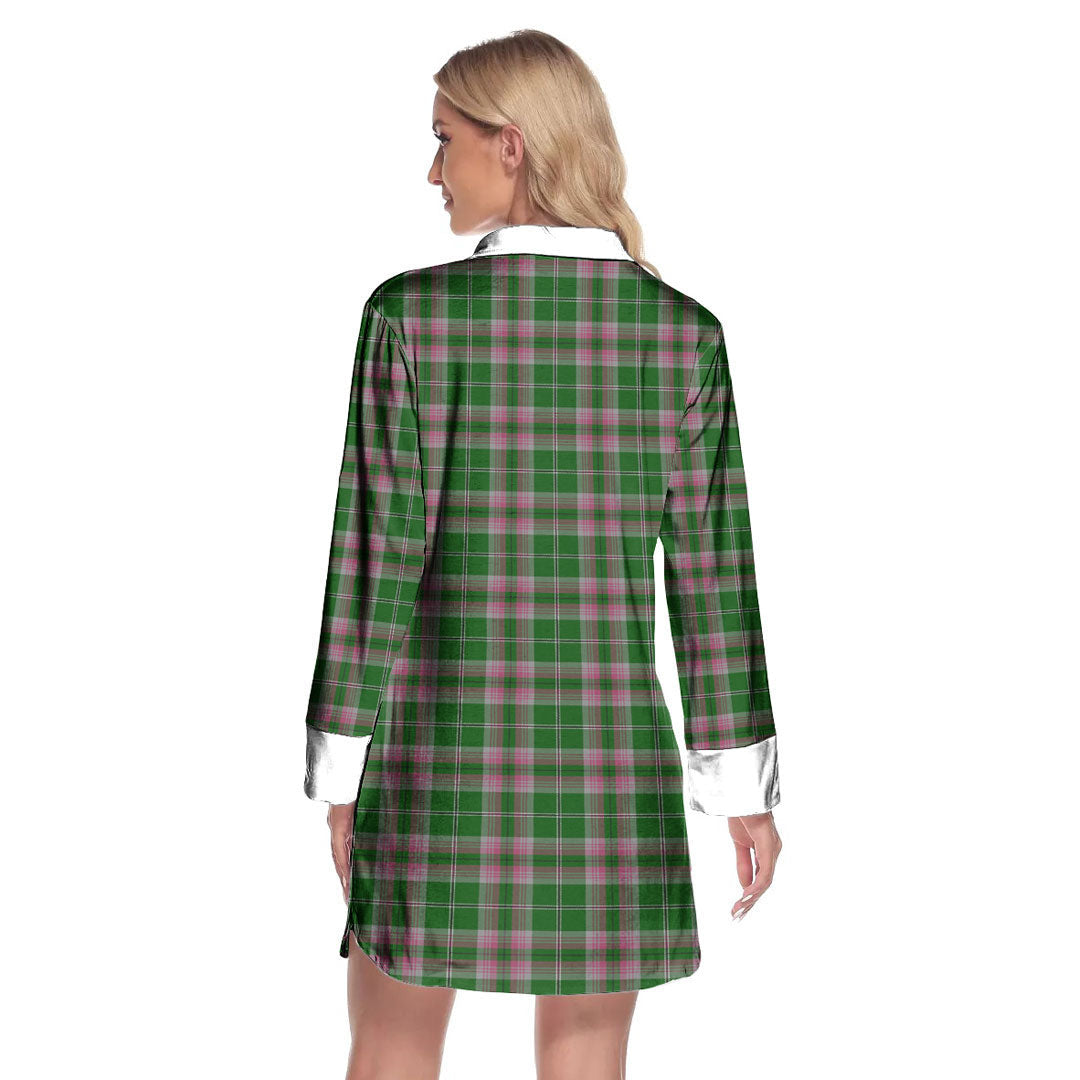 Gray Hunting Tartan Crest Lapel Shirt Dress Long Sleeve