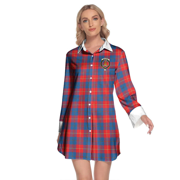 Galloway Red Tartan Crest Lapel Shirt Dress Long Sleeve