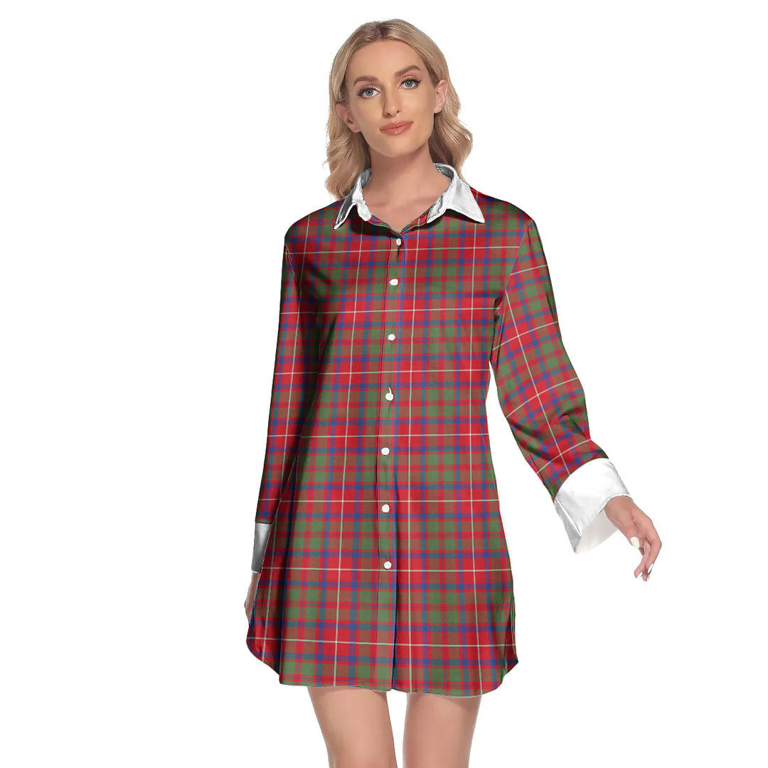 Shaw Red Modern Tartan Plaid Lapel Shirt Dress Long Sleeve