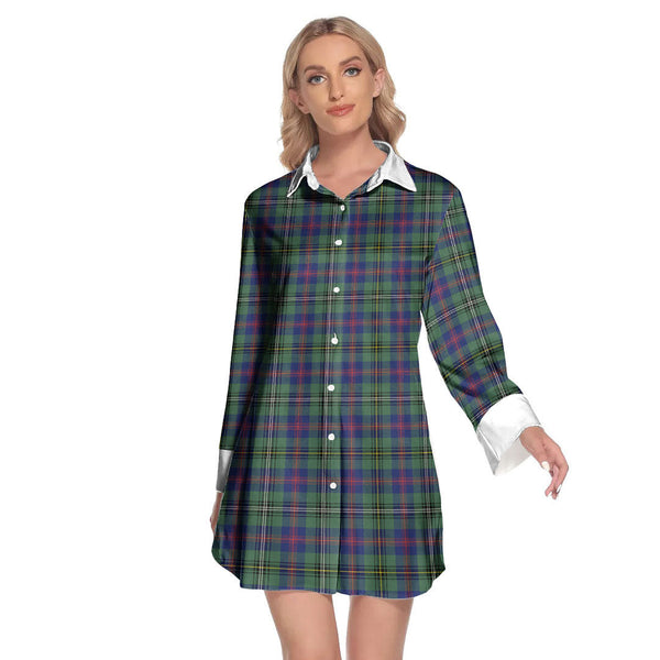 Wood Modern Tartan Plaid Lapel Shirt Dress Long Sleeve