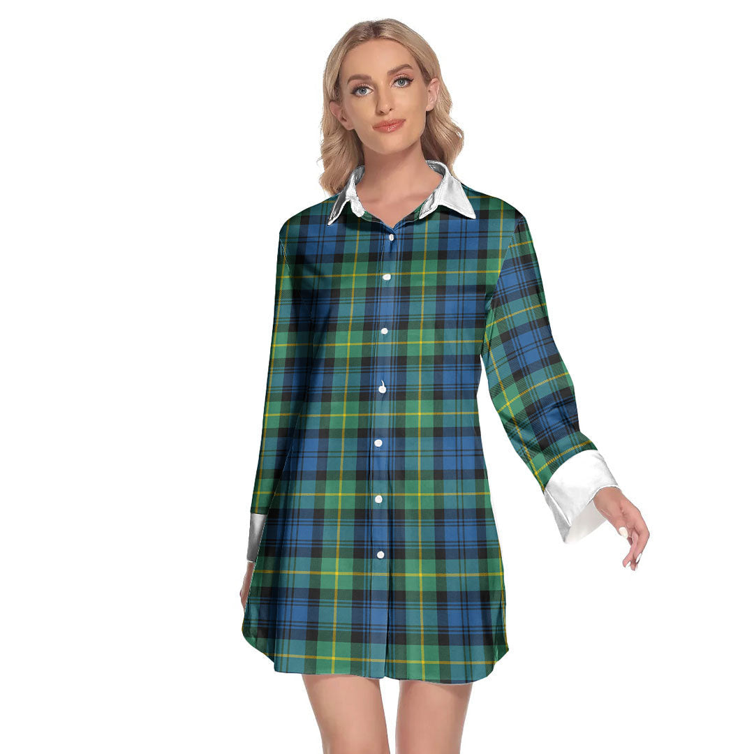 Gordon Ancient Tartan Plaid Lapel Shirt Dress Long Sleeve