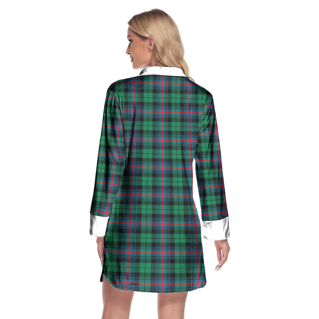 Urquhart Broad Red Ancient Tartan Plaid Lapel Shirt Dress Long Sleeve