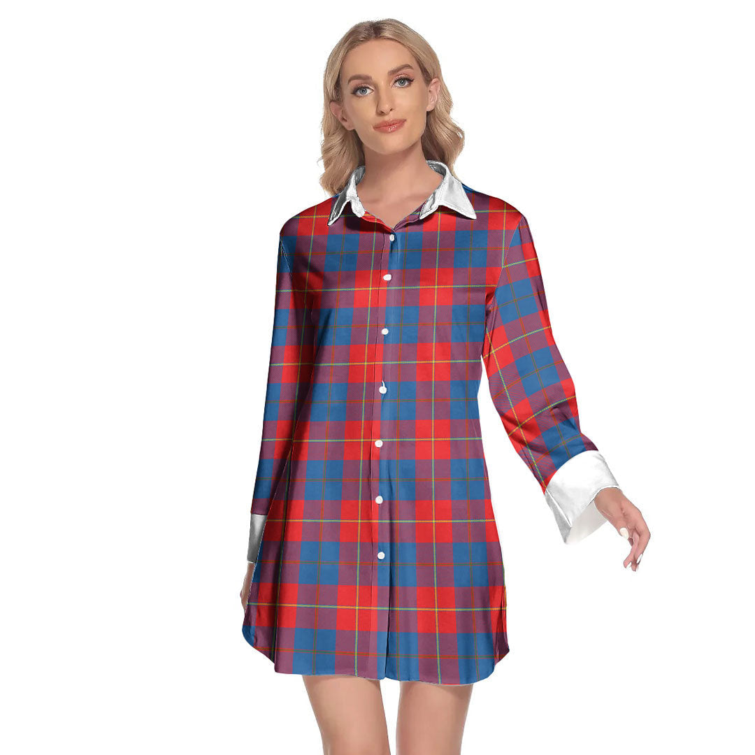 Galloway Red Tartan Plaid Lapel Shirt Dress Long Sleeve