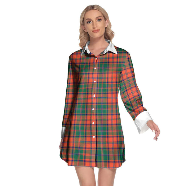 Stewart of Appin Ancient Tartan Plaid Lapel Shirt Dress Long Sleeve