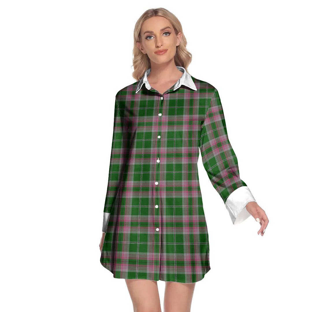 Gray Hunting Tartan Plaid Lapel Shirt Dress Long Sleeve