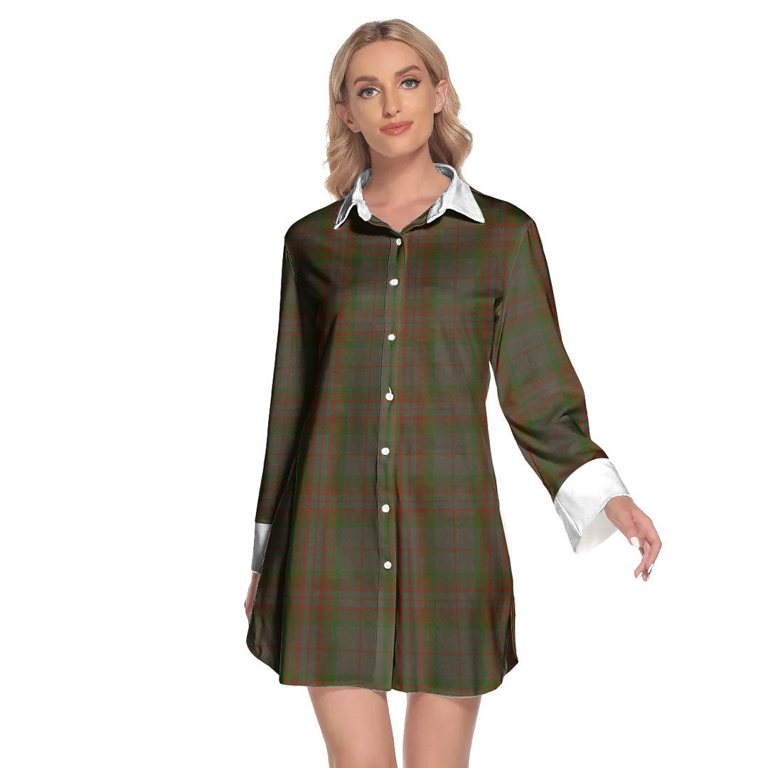 Gray Tartan Plaid Lapel Shirt Dress Long Sleeve