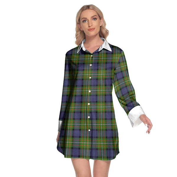 Fergusson Modern Tartan Plaid Lapel Shirt Dress Long Sleeve