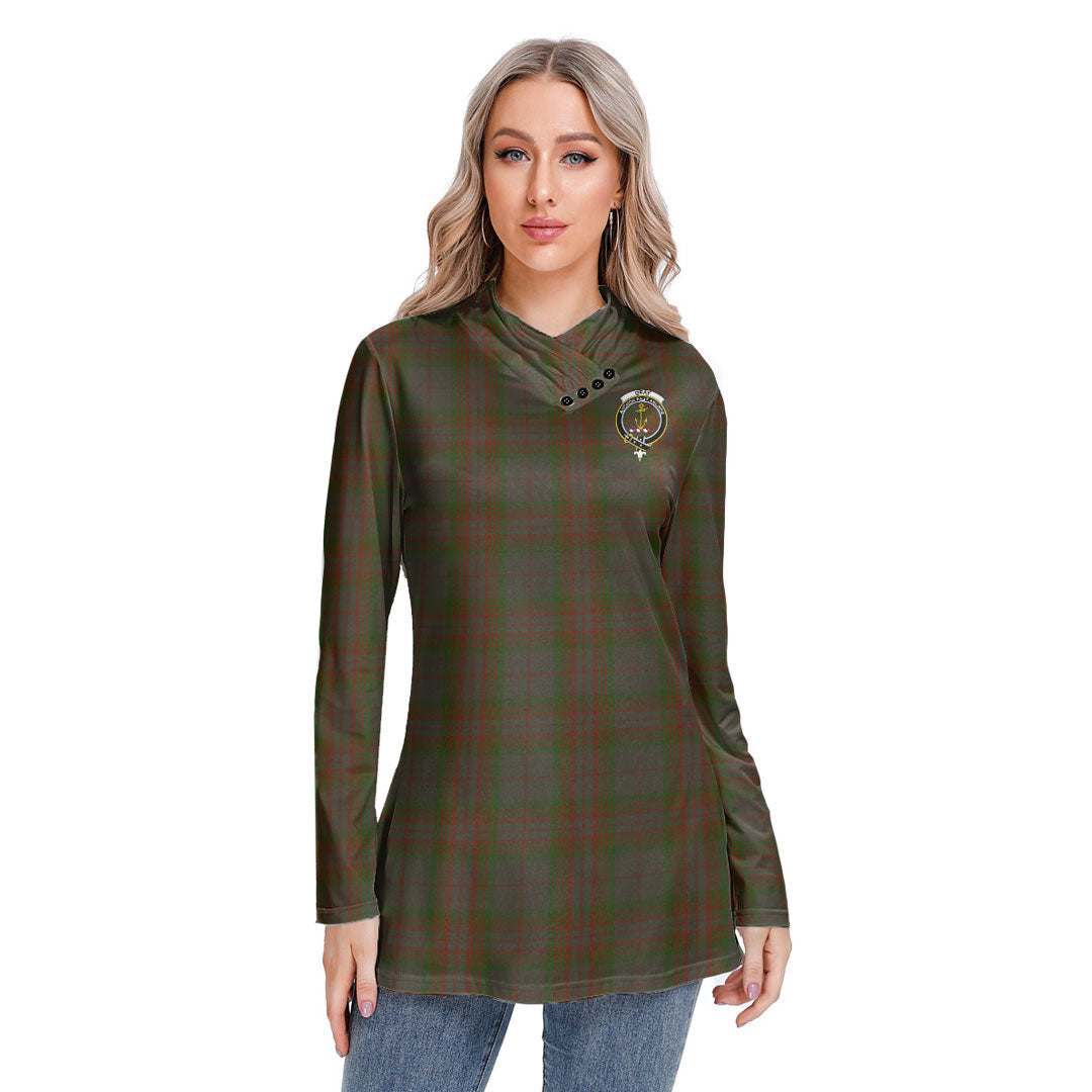 Gray Tartan Crest Long-sleeved Heap-neck Slim Casual Tunic Blouse