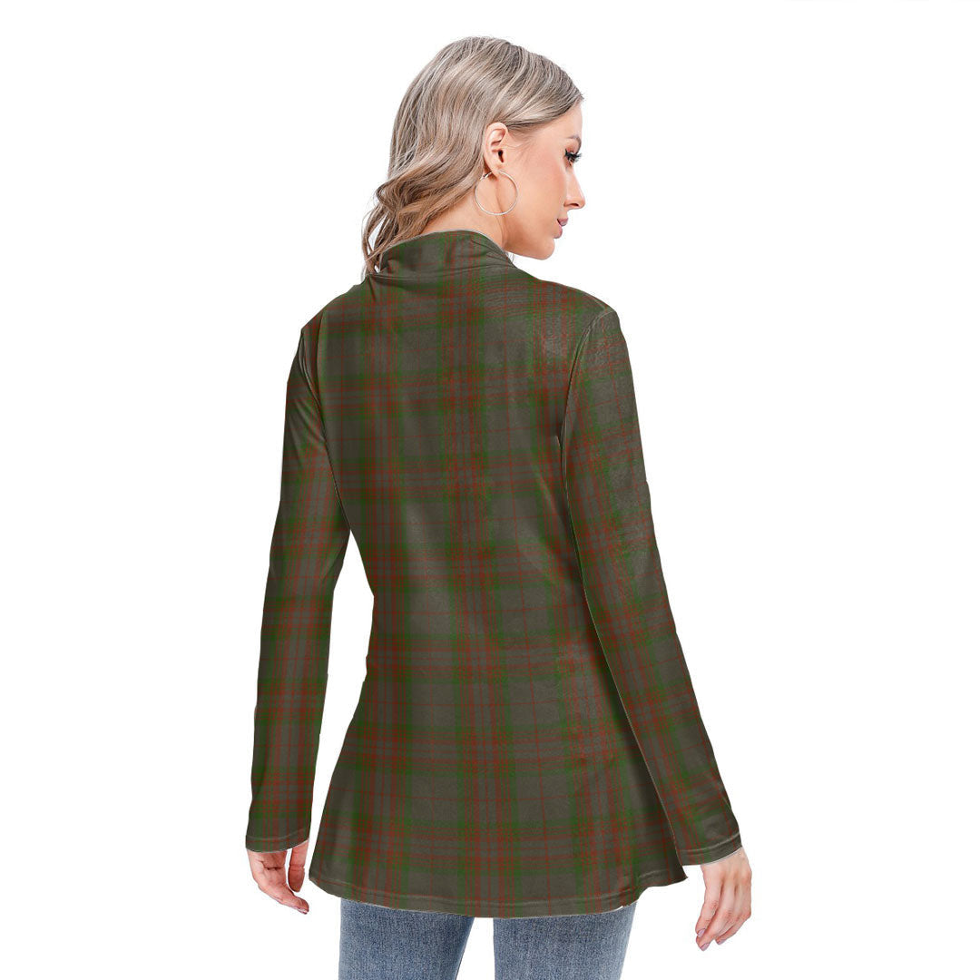 Gray Tartan Crest Long-sleeved Heap-neck Slim Casual Tunic Blouse