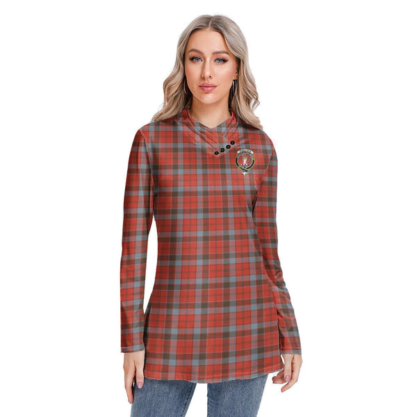 Robertson Weathered Tartan Crest Long-sleeved Heap-neck Slim Casual Tunic Blouse