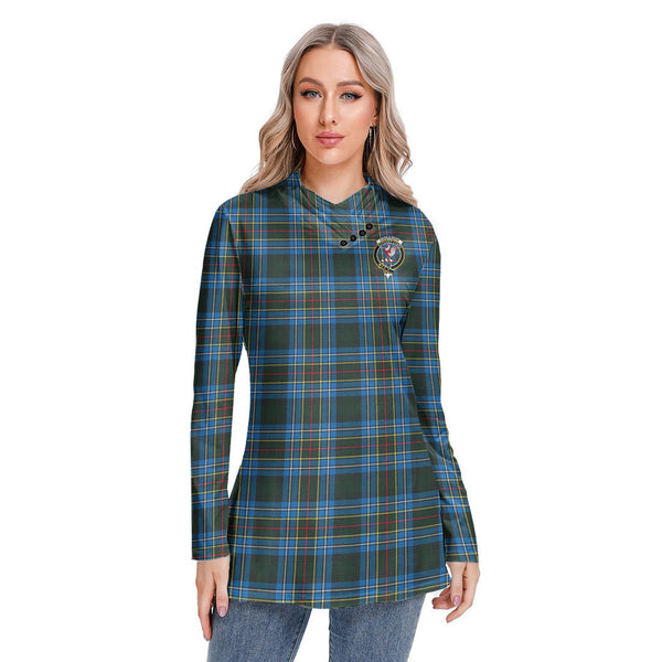 Cockburn Modern Tartan Crest Long-sleeved Heap-neck Slim Casual Tunic Blouse