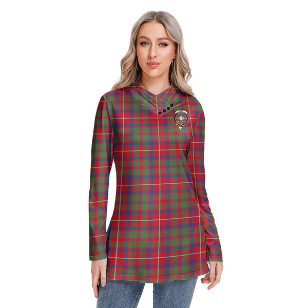 Shaw Red Modern Tartan Crest Long-sleeved Heap-neck Slim Casual Tunic Blouse