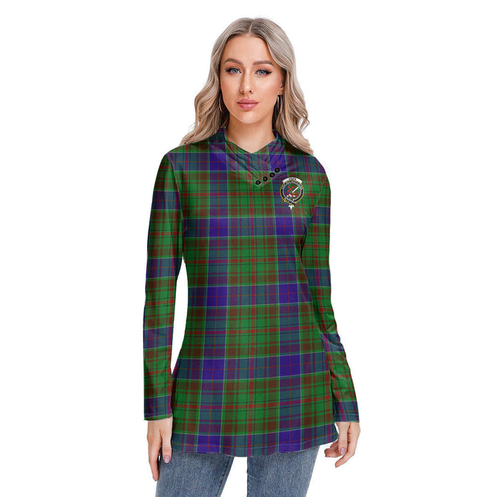 Adam Tartan Crest Long-sleeved Heap-neck Slim Casual Tunic Blouse
