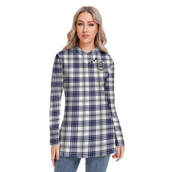 Hannay Modern Tartan Crest Long-sleeved Heap-neck Slim Casual Tunic Blouse