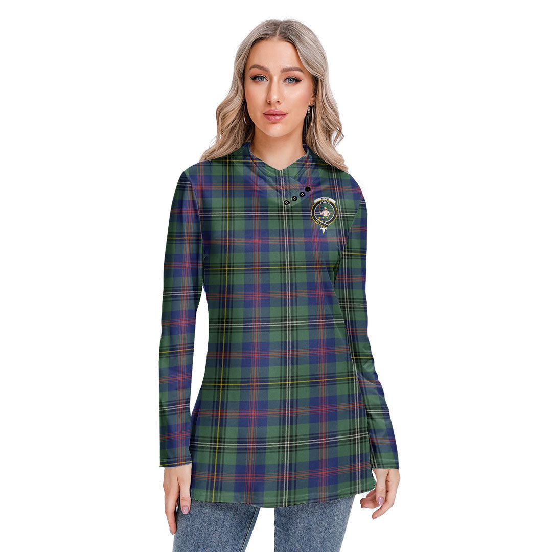 Wood Modern Tartan Crest Long-sleeved Heap-neck Slim Casual Tunic Blouse