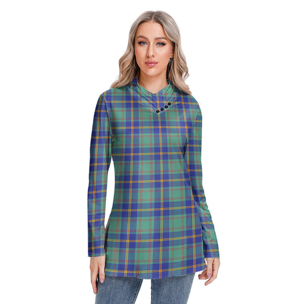 US Marine Tartan Plaid Long-sleeved Heap-neck Slim Casual Tunic Blouse