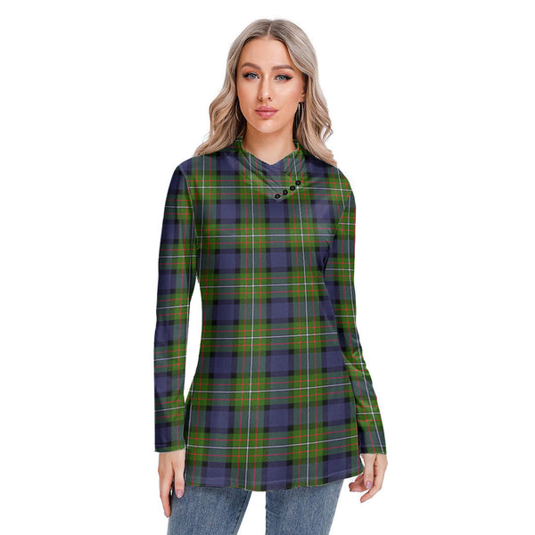 Fergusson Modern Tartan Plaid Long-sleeved Heap-neck Slim Casual Tunic Blouse