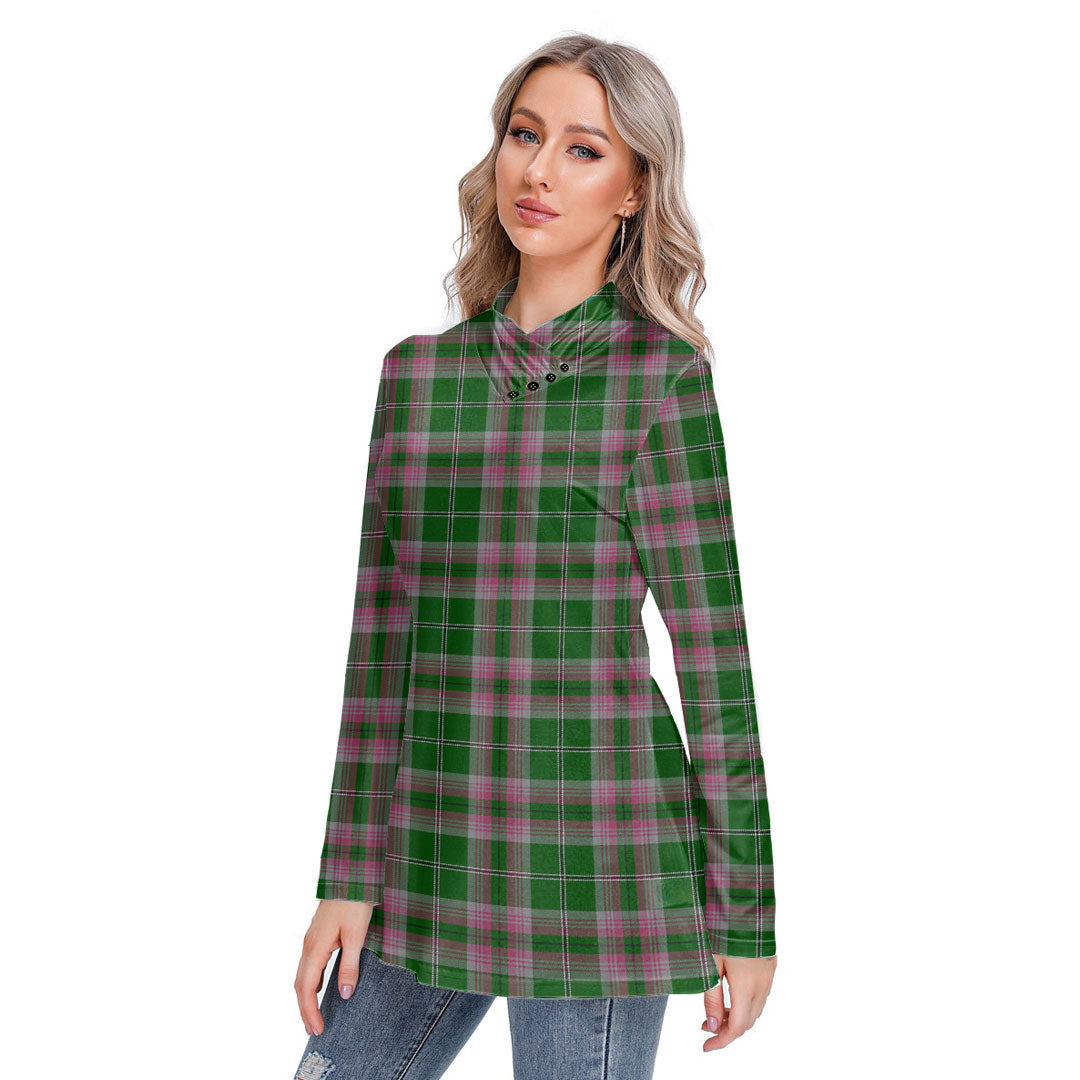 Gray Hunting Tartan Plaid Long-sleeved Heap-neck Slim Casual Tunic Blouse