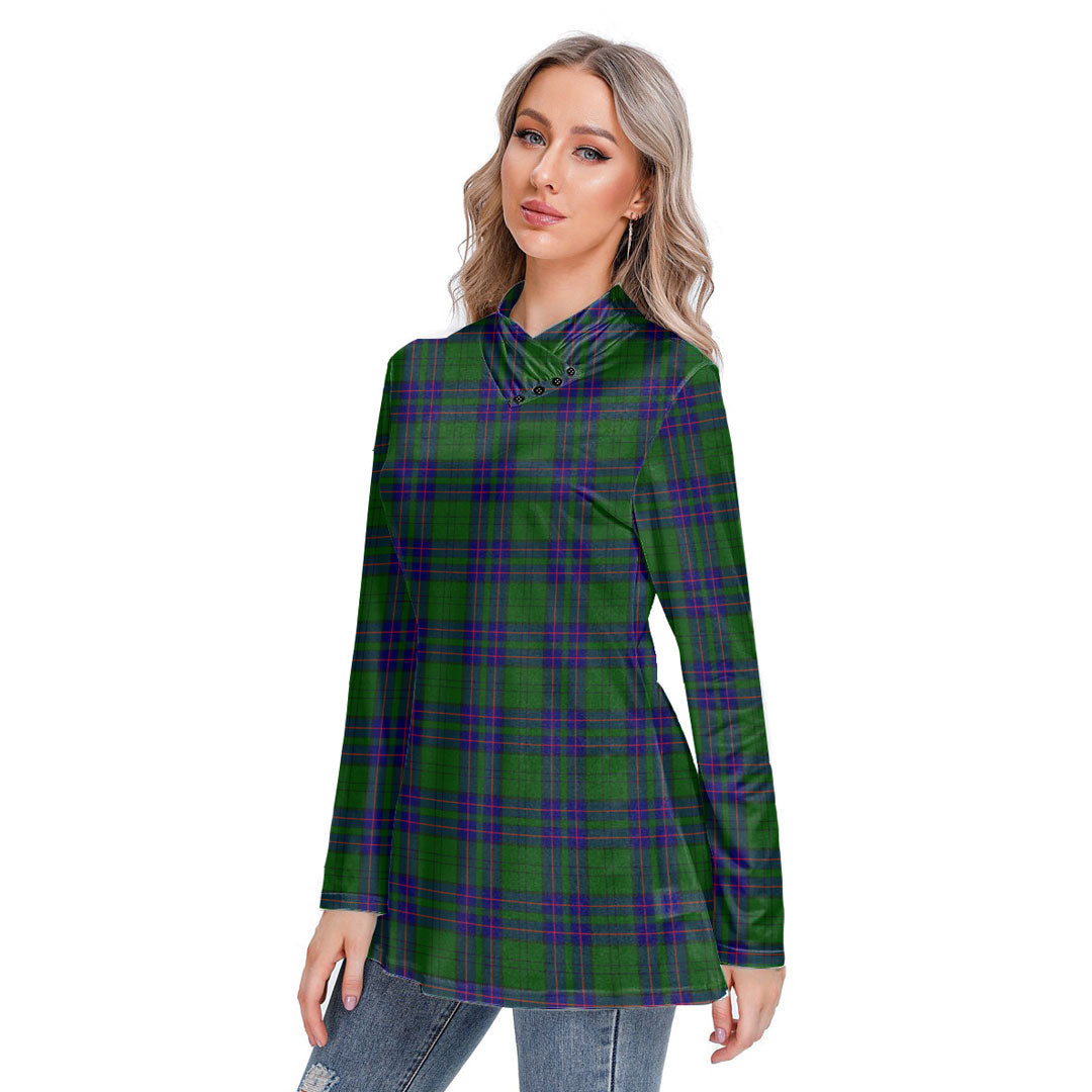 Lockhart Modern Tartan Plaid Long-sleeved Heap-neck Slim Casual Tunic Blouse