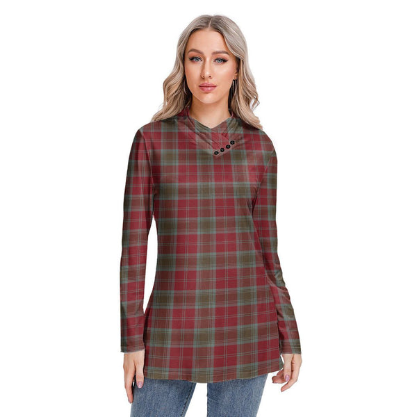 Lindsay Weathered Tartan Plaid Long-sleeved Heap-neck Slim Casual Tunic Blouse