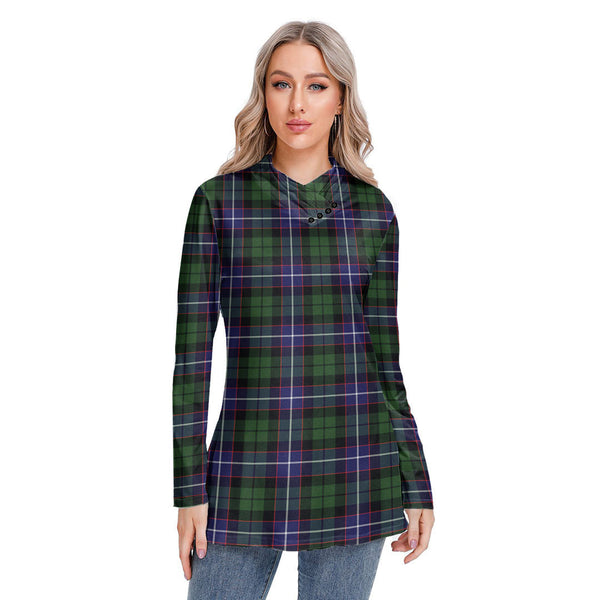 Galbraith Modern Tartan Plaid Long-sleeved Heap-neck Slim Casual Tunic Blouse