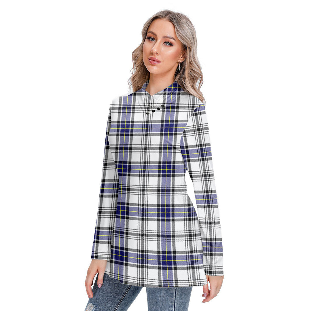 Hannay Modern Tartan Plaid Long-sleeved Heap-neck Slim Casual Tunic Blouse