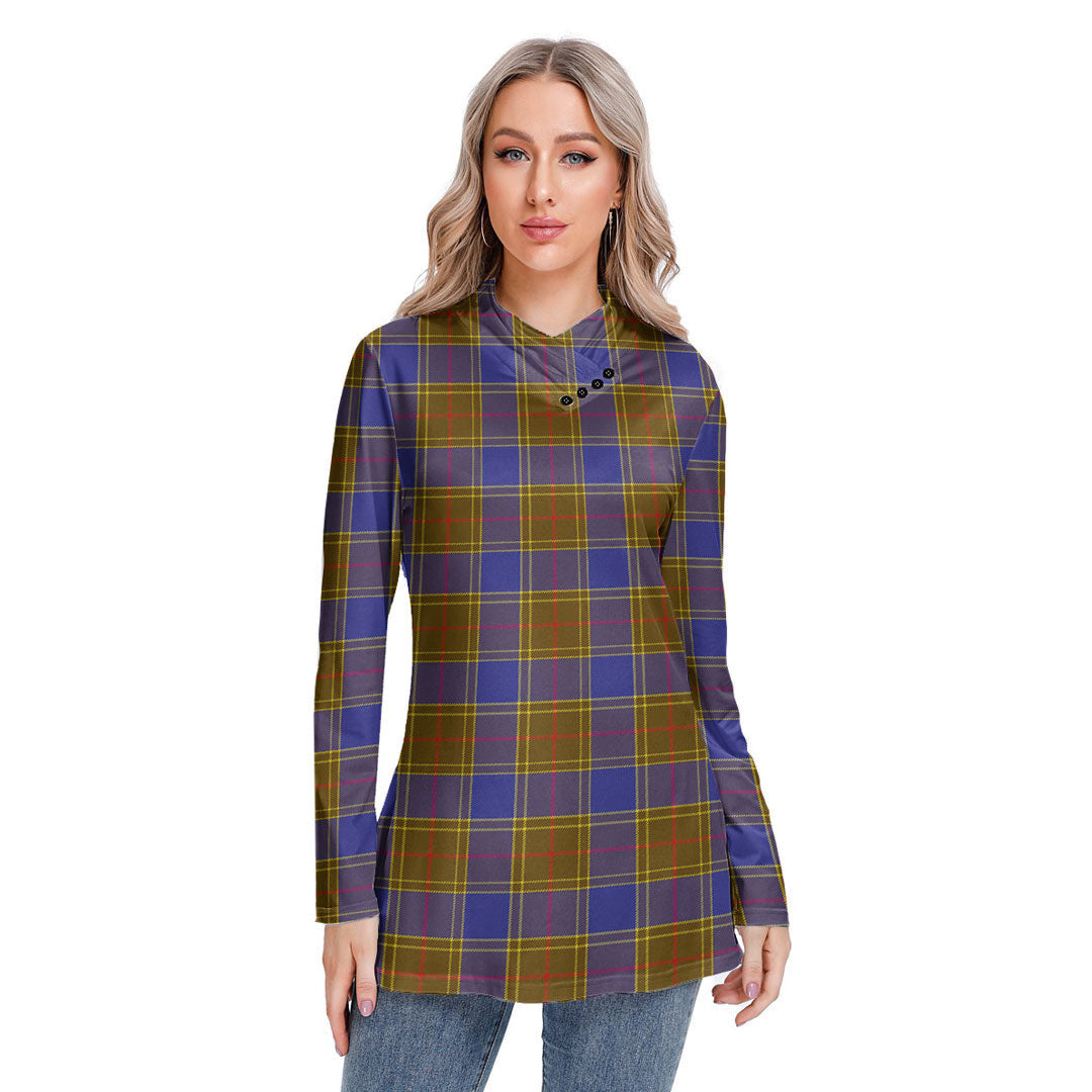 Balfour Modern Tartan Plaid Long-sleeved Heap-neck Slim Casual Tunic Blouse