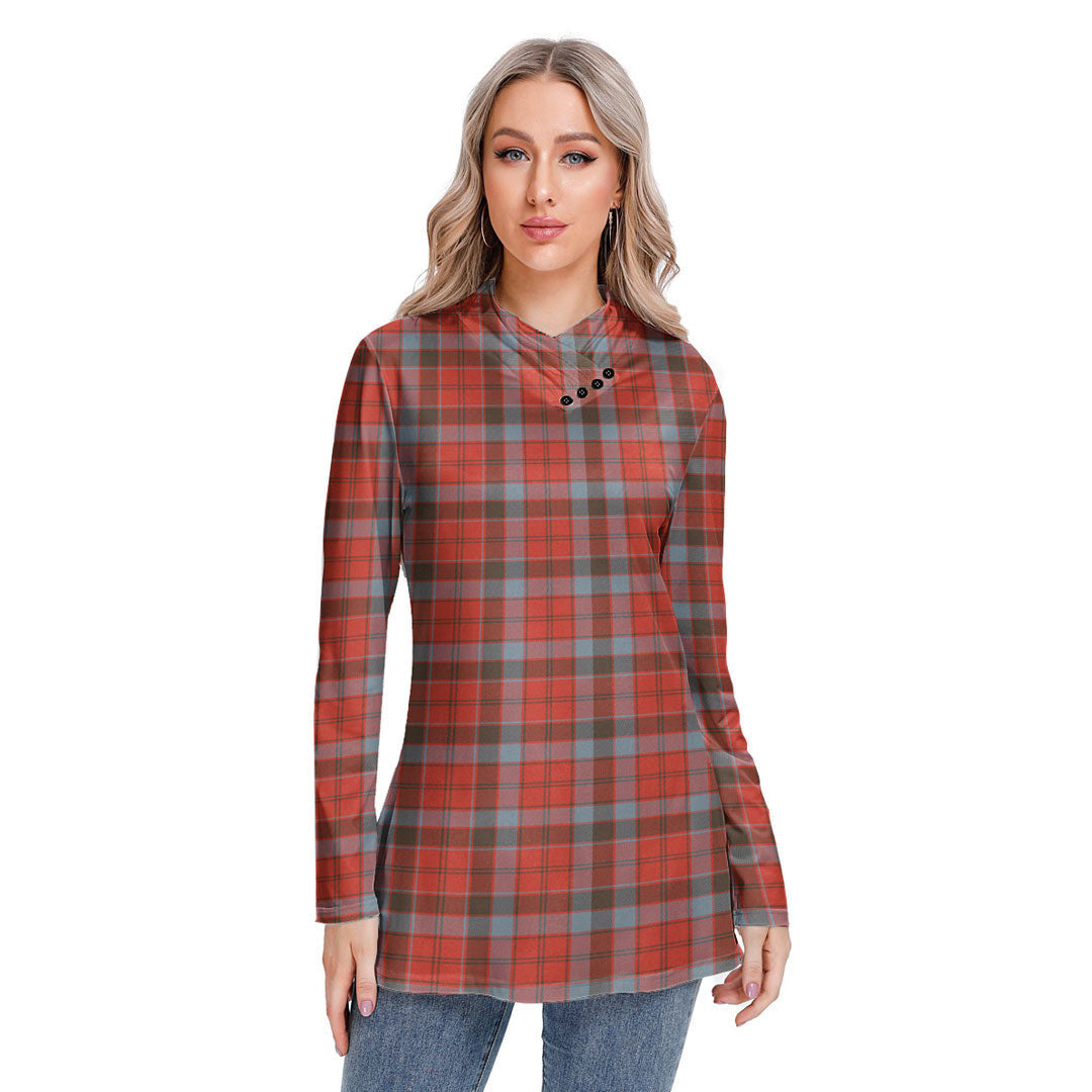 Robertson Weathered Tartan Plaid Long-sleeved Heap-neck Slim Casual Tunic Blouse