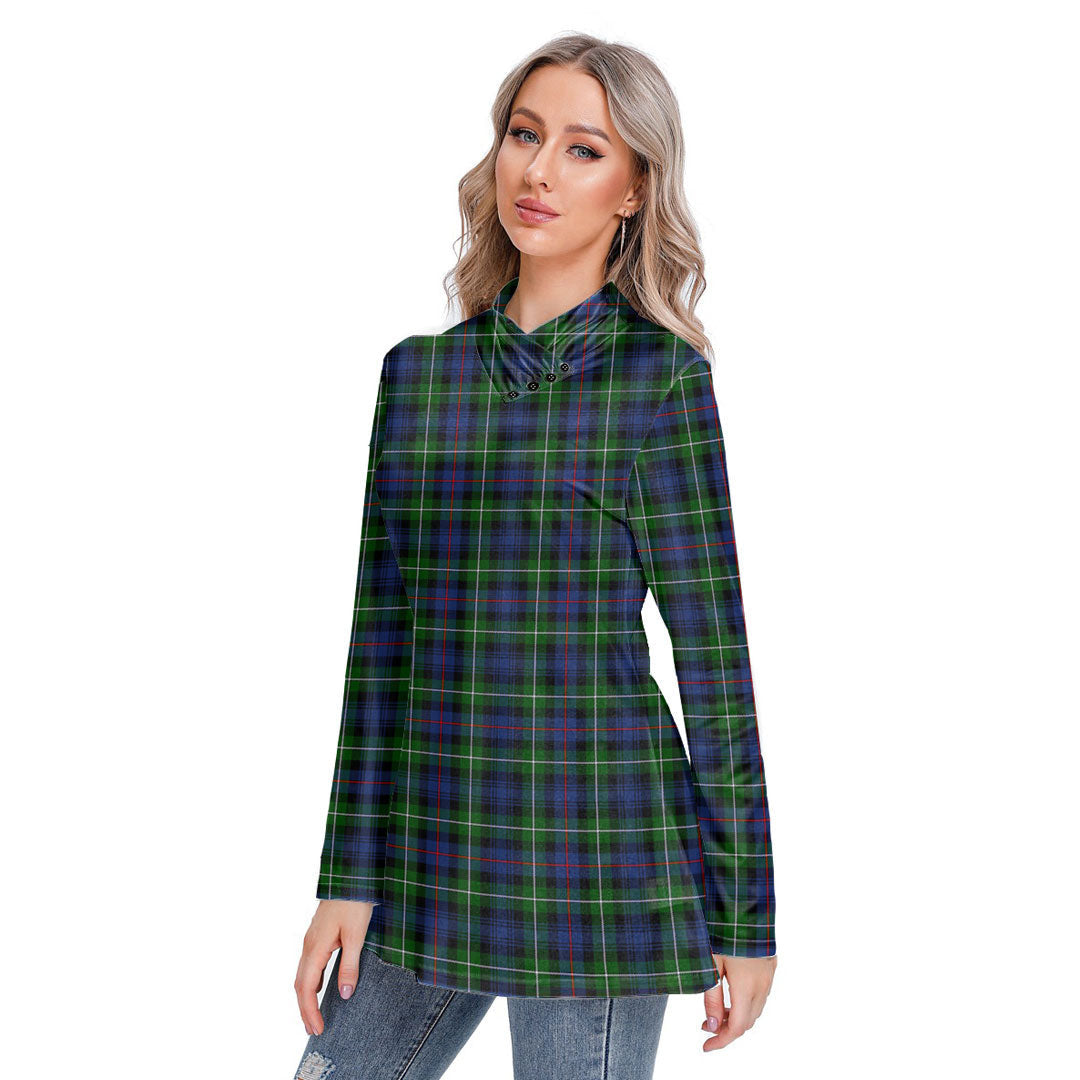 MacKenzie Modern Tartan Plaid Long-sleeved Heap-neck Slim Casual Tunic Blouse