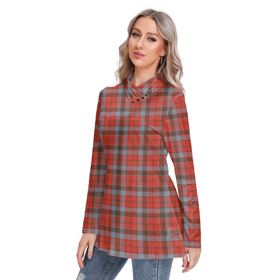 Robertson Weathered Tartan Plaid Long-sleeved Heap-neck Slim Casual Tunic Blouse