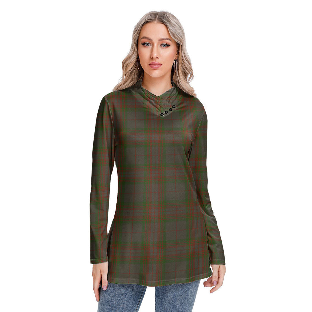 Gray Tartan Plaid Long-sleeved Heap-neck Slim Casual Tunic Blouse