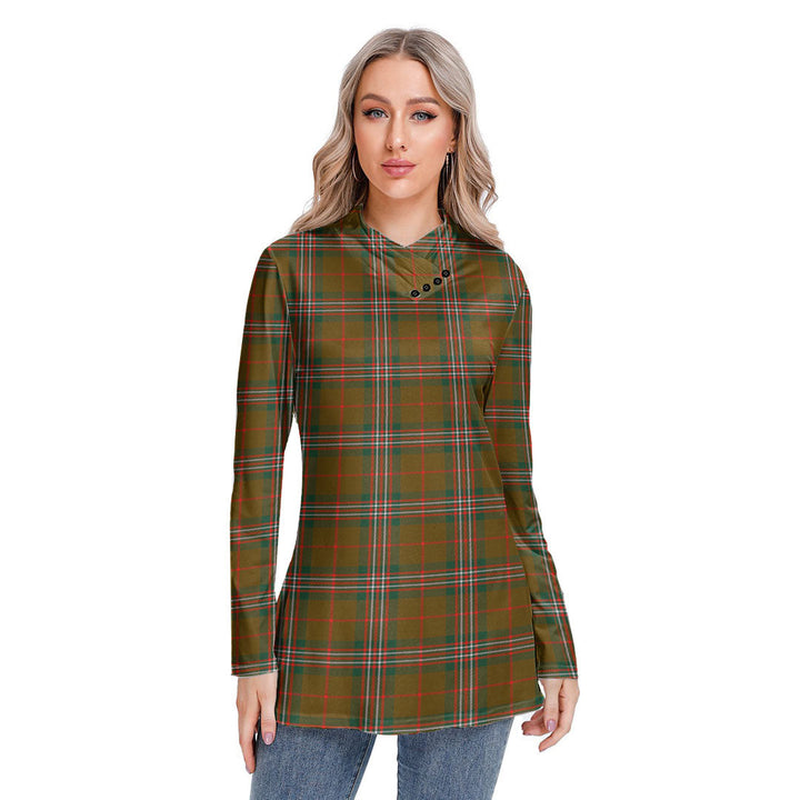 SCOTT BROWN MODERN Tartan Plaid Long-sleeved Heap-neck Slim Casual Tunic Blouse