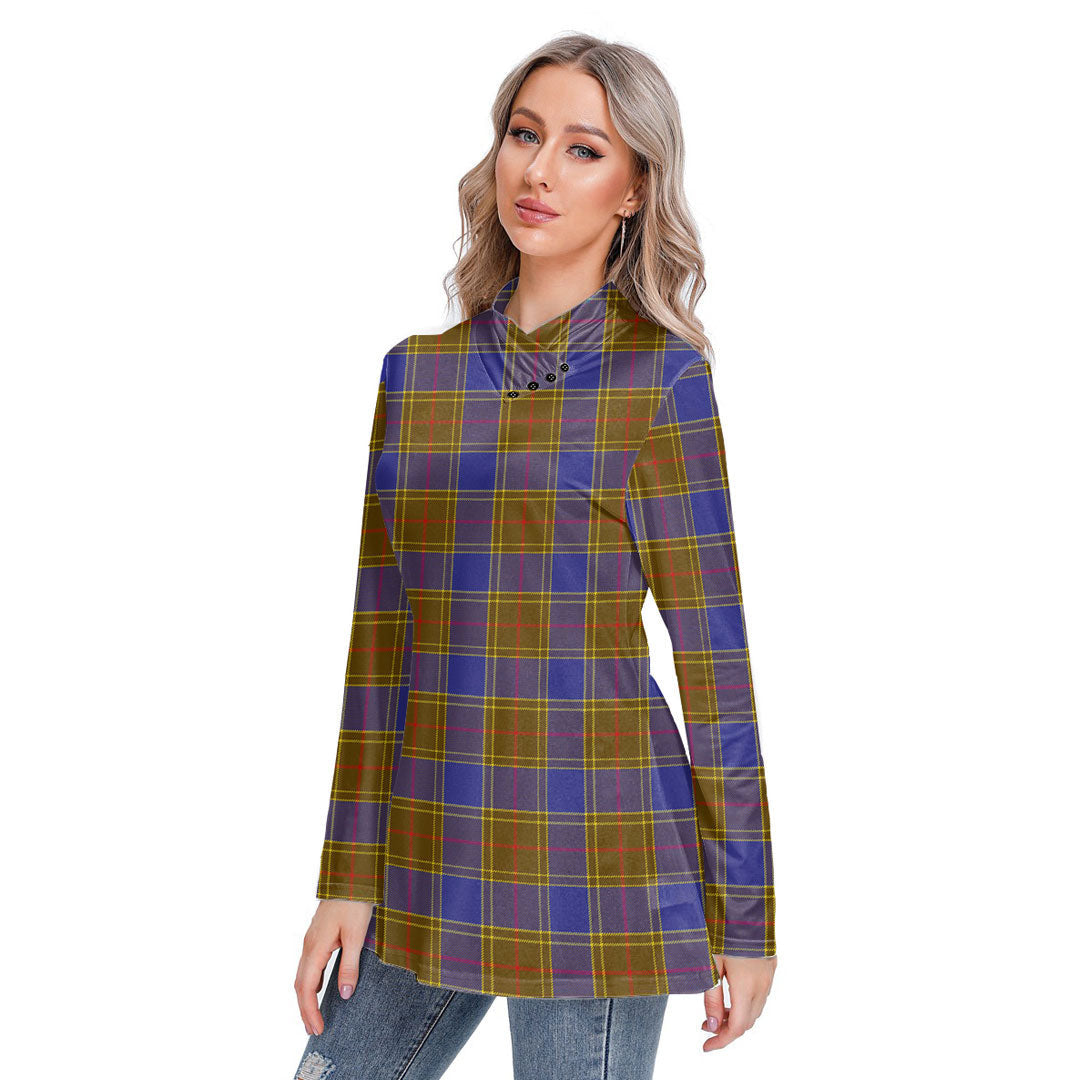 Balfour Modern Tartan Plaid Long-sleeved Heap-neck Slim Casual Tunic Blouse