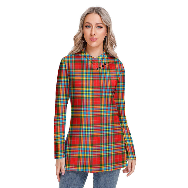 Chattan Tartan Plaid Long-sleeved Heap-neck Slim Casual Tunic Blouse