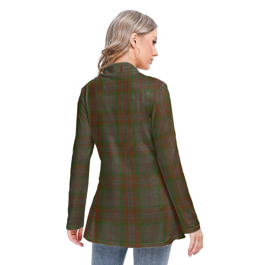 Gray Tartan Plaid Long-sleeved Heap-neck Slim Casual Tunic Blouse